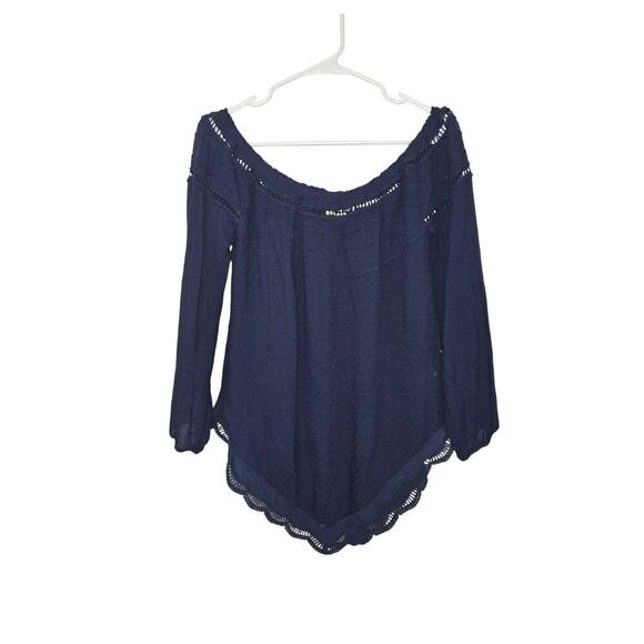 Kori America Blue Long Sleeve Peasant Top Off the Shoulder Womens Sz Small Boho - Picture 2 of 7
